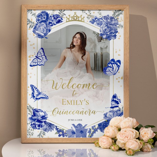 Quinceanera Photo Welcome Sign Royal Blue Blommigt Poster (Skapare uppladdad)
