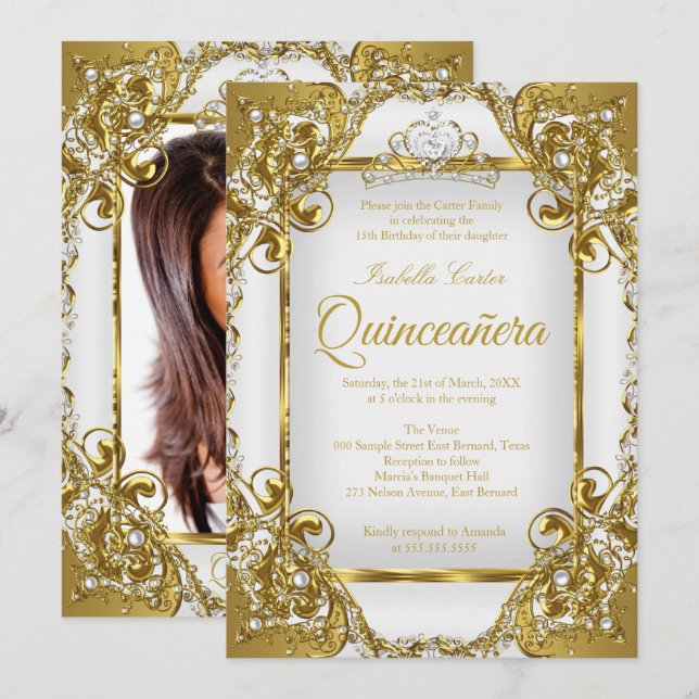 Quinceanera Photo White Golden Pearl Tiara Party Inbjudningar (Fram/baksida)