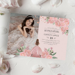 Quinceañera  Ping Guld Blommigt Princess Photo Inbjudningar