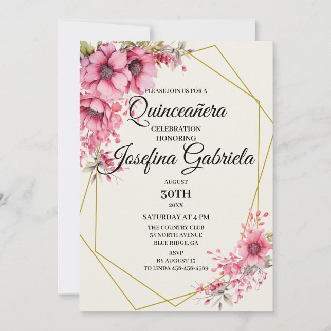 Quinceañera pink floral Invitation Inbjudningar (Framsida)
