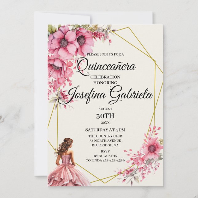 Quinceañera pink floral Invitation Inbjudningar (Framsida)