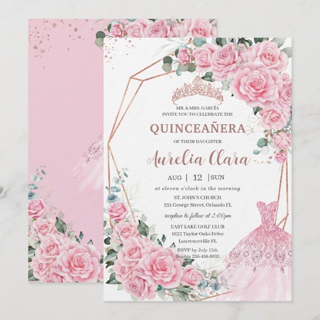 Quinceanera Pink Floral Princess Dress Rose Gold Inbjudningar (Fram/baksida)