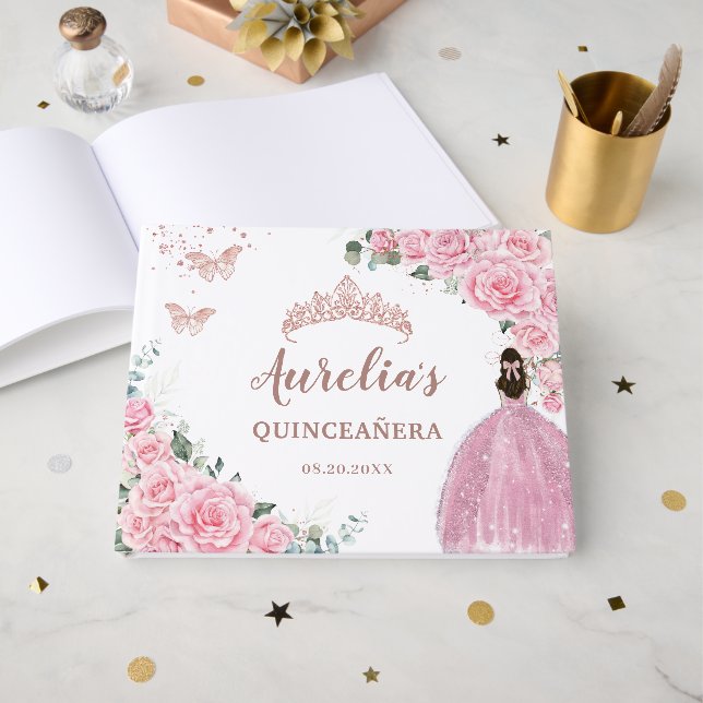 Quinceanera Pink Floral Roses Princess Rose Gold Gästböcker (Framsida Öppen)