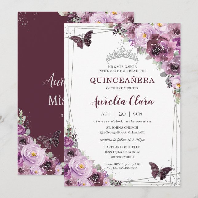 Quinceañera Plum Mauve Blommigt Butterflies Silver Inbjudningar (Fram/baksida)