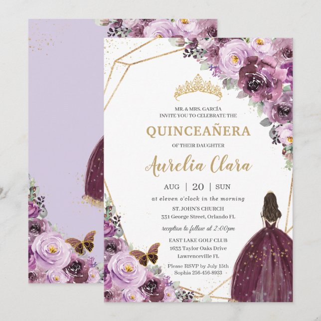 Quinceañera Plum Mauve Lila Blommigt Guld Princess Inbjudningar (Fram/baksida)
