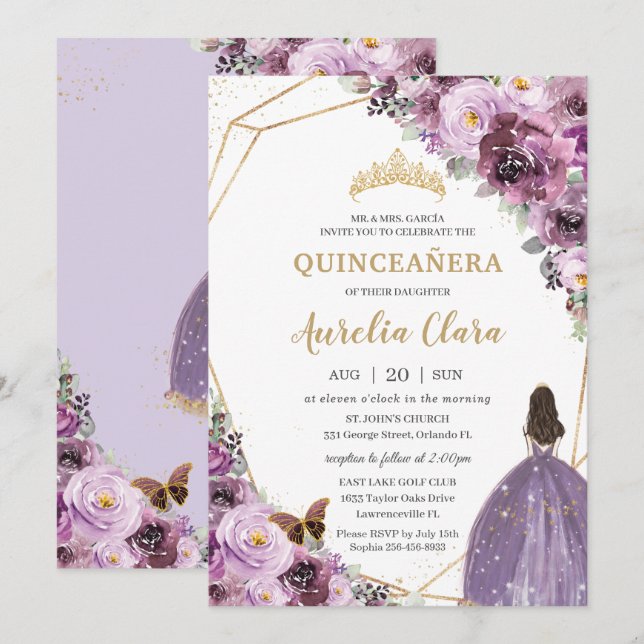 Quinceañera Plum Mauve Lila Blommigt Mis Quince 15 Inbjudningar (Fram/baksida)