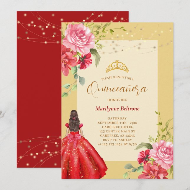 Quinceañera Princess Blommigt Red Gult Inbjudningar (Fram/baksida)