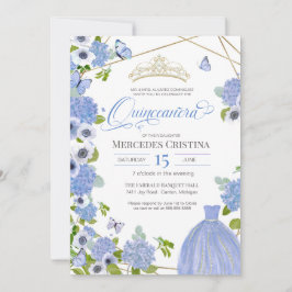 Quinceañera Princess Blue Garden butterfly Tiara Inbjudningar