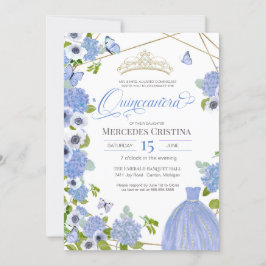 Quinceañera Princess Blue Garden butterfly Tiara Inbjudningar