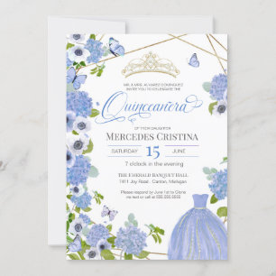 Quinceañera Princess Blue Garden butterfly Tiara Inbjudningar