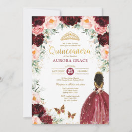 Quinceañera Princess Burgundy Blommigt Birthday Inbjudningar