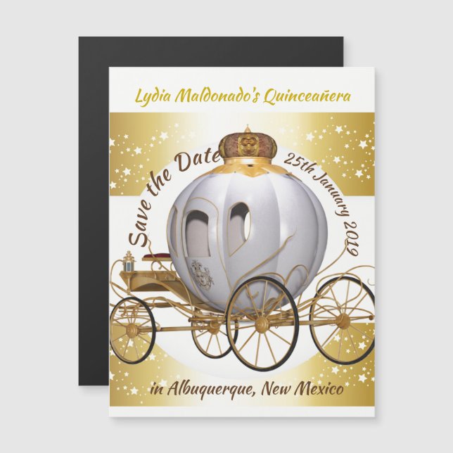 Quinceanera Princess Carriage Save Date Magnetisk Inbjudningskort (Fram/baksida)