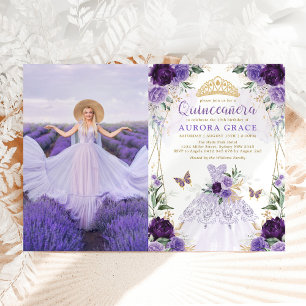 Quinceañera Princess Dress Lila Flower Photo Inbjudningar
