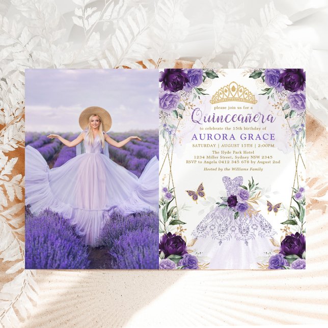 Quinceañera Princess Dress Lila Flower Photo Inbjudningar (Skapare uppladdad)