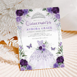 Quinceañera Princess Dress Lila Silver Blommigt Inbjudningar