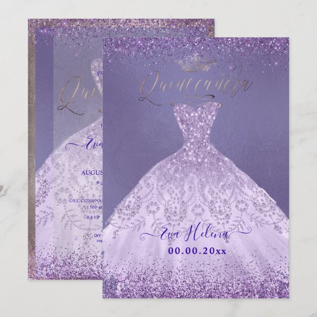 Quinceañera, Princess Dusty Lila Glitter Gown Inbjudningar (Fram/baksida)