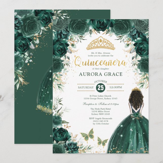 Quinceañera Princess Emerald Grönt Blommigt Birthd Inbjudningar (Fram/baksida)