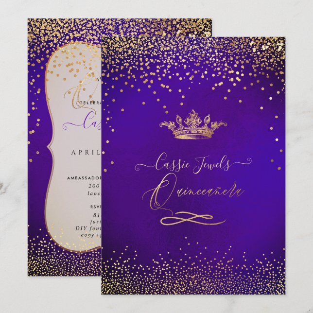 Quinceanera Princess Faux Guld Confetti Violet Inbjudningar (Fram/baksida)