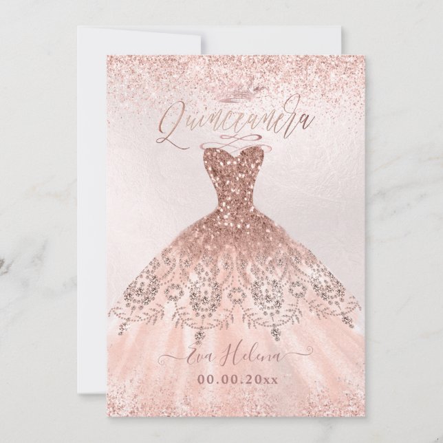 Quinceañera, Princess Faux Ro Guld Tiara+Gown Inbjudningar (Framsida)
