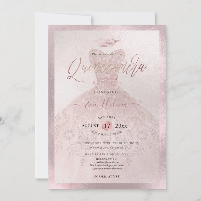 Quinceañera, Princess Faux Ro Guld Tiara+Gown Inbjudningar (Baksida)