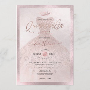 Quinceañera, Princess Faux Ro Guld Tiara+Gown Inbjudningar