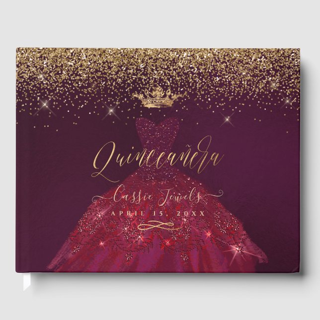 Quinceanera Princess Glitter Gown, Burgundy+Guld Gästböcker (Framsida)