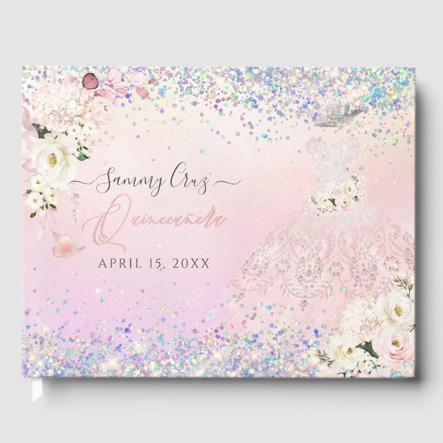 Quinceanera  Princess Glitter Gown Confetti G Gästböcker (Framsida)