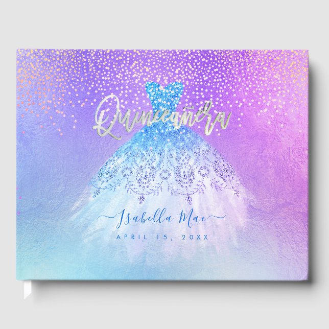 Quinceanera Princess Glitter Klänning, Aqua Blå Gästböcker (Framsida)