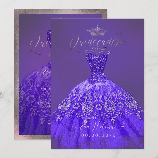Quinceañera, Princess Glitter Lila Violet Gown Inbjudningar (Fram/baksida)