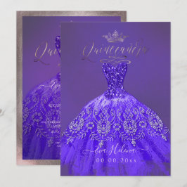 Quinceañera, Princess Glitter Lila Violet Gown Inbjudningar