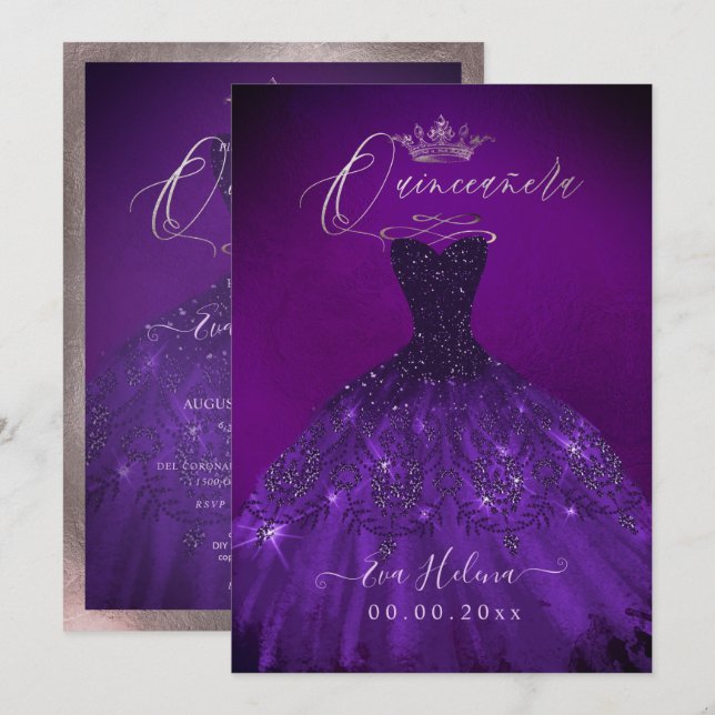 Quinceañera, Princess Gnistra Gown Eggplant Inbjudningar (Fram/baksida)