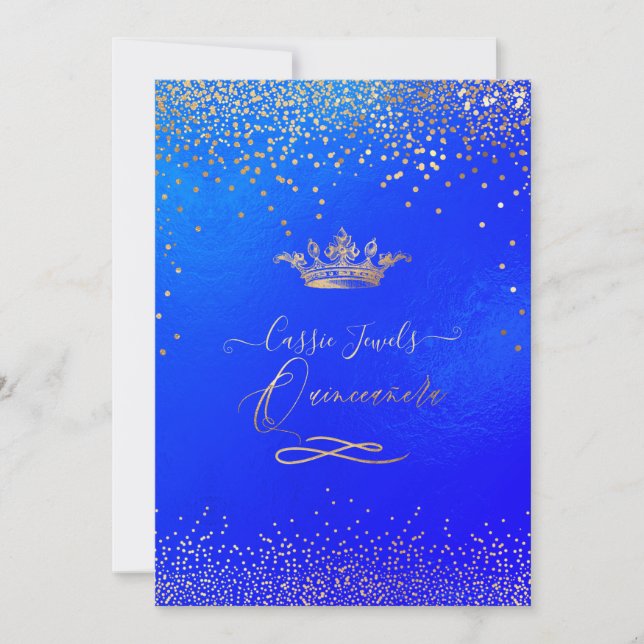 Quinceanera Princess Krona Faux Guld Confetti Blue Inbjudningar (Framsida)