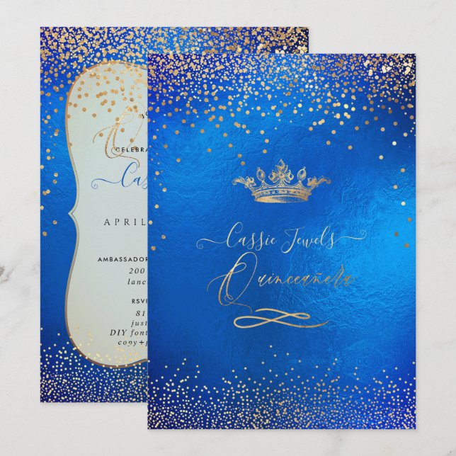 Quinceanera Princess Krona Faux Guld Confetti Blue Inbjudningar (Fram/baksida)