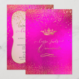 Quinceanera Princess Krona Faux Guld Confetti Rosa Inbjudningar