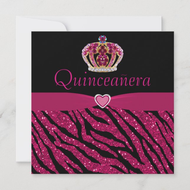 Quinceanera Princess Krona, Heart och Zebra Glitte Inbjudningar (Framsida)