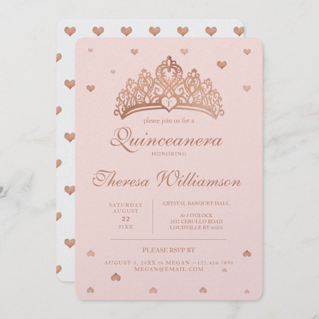 Quinceañera Princess Krona & Heart Ro Guld Inbjudningar (Fram/baksida)