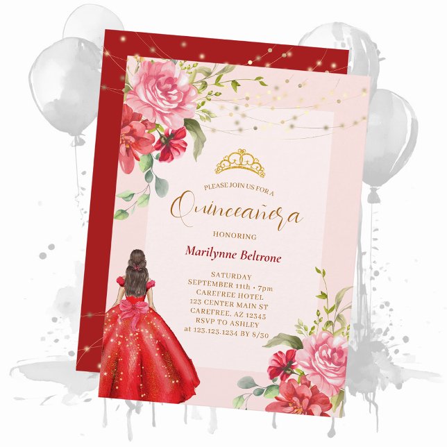 Quinceañera Princess Red Blommigt Inbjudningar (Skapare uppladdad)