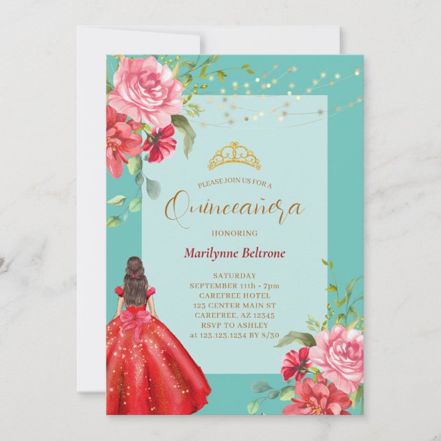Quinceañera Princess Red Blommigt Investigation Inbjudningar (Framsida)