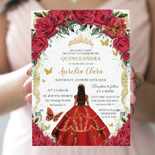 Quinceañera Princess Röd ros Blommigt Vintage Guld Inbjudningar