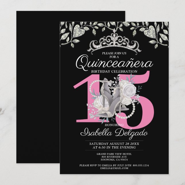 Quinceanera Princess Rosa Black 15:e födelsedagen Inbjudningar (Fram/baksida)