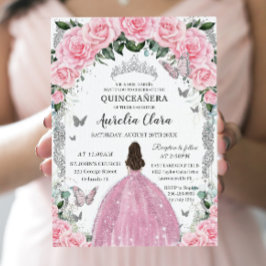 Quinceañera Princess Rosa Blommigt Vintage Silver Inbjudningar