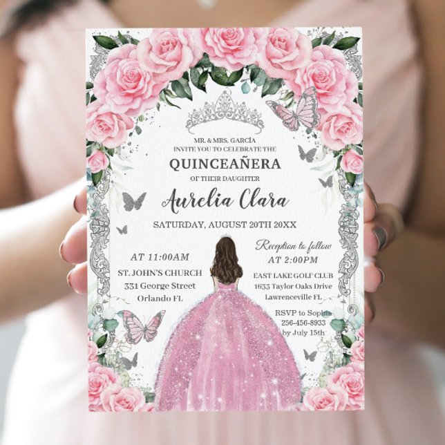 Quinceañera Princess Rosa Blommigt Vintage Silver Inbjudningar (Skapare uppladdad)