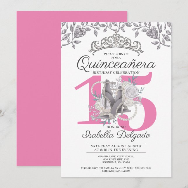 Quinceanera Princess Rosa Silver 15:e födelsedagen Inbjudningar (Fram/baksida)