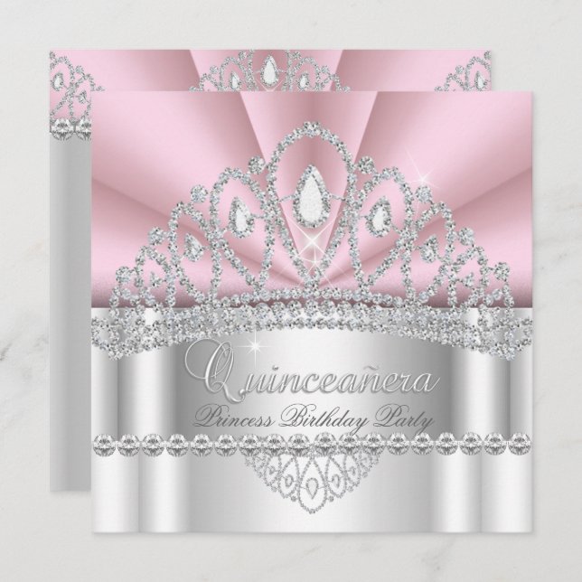 Quinceanera Princess Rosa White Diamond Tiara Inbjudningar (Fram/baksida)