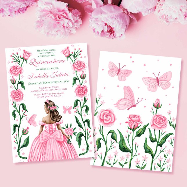 Quinceanera Princess Roses Butterfly Blush Pink Inbjudningar (Quinceanera Princess Roses Butterfly Blush Pink Invitation)
