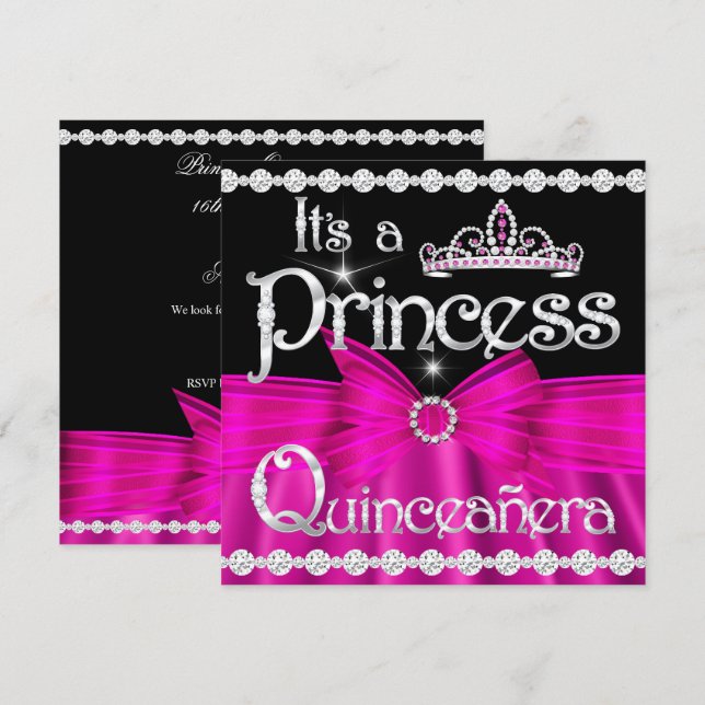 Quinceanera Princess Shock rosa Bow Silver Tiara Inbjudningar (Fram/baksida)