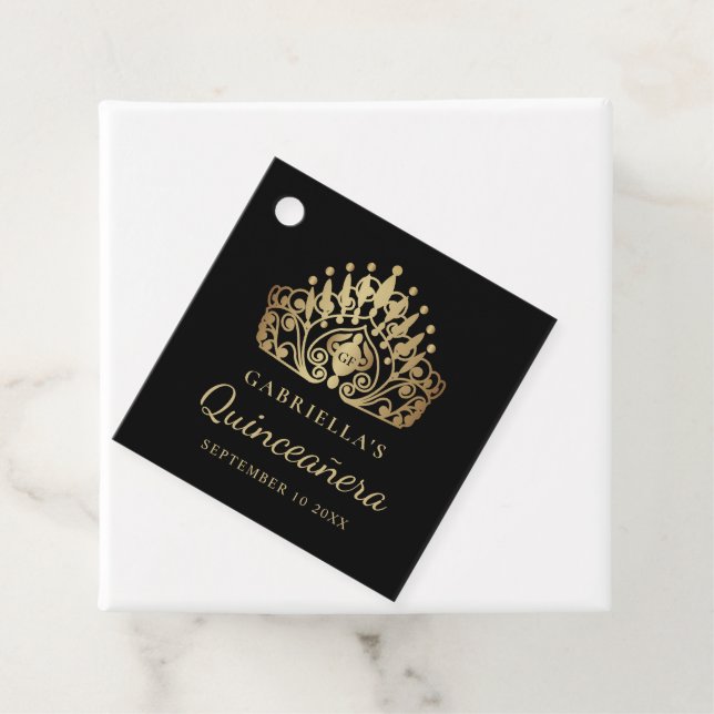 Quinceanera Princess Tiara Krona Black Guld Gåvor Etiketter (På plats)
