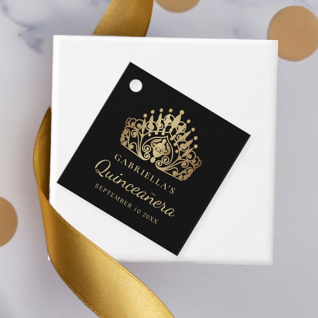 Quinceanera Princess Tiara Krona Black Guld Gåvor Etiketter (Skapare uppladdad)