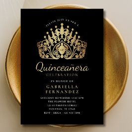 Quinceañera Princess Tiara Krona Black Guld Inbjudningar