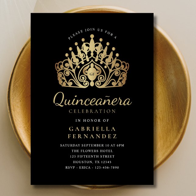 Quinceañera Princess Tiara Krona Black Guld Inbjudningar (Skapare uppladdad)
